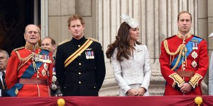 Prince Philip, Duke of Edinburgh, Prince Harry, Catherine, Duchess of Cambridge and Prince William, Duke of Cambridge stand on the balcony of Buckingham Palace following the Trooping the Colour ceremony in London on June 14, 2014.