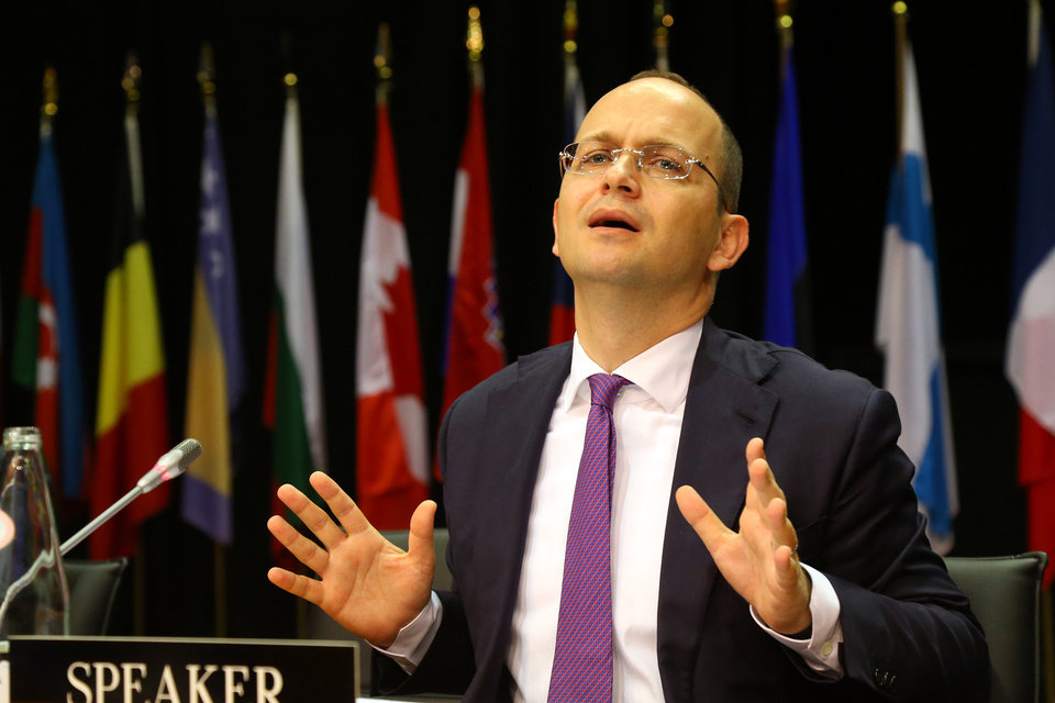 Albania's Foreign Minister Ditmir Bushati speaks during a session, at the NATO Parliamentary Assembly's Spring session in the Albanian capital, Tirana, Saturday, May 28, 2016. NATO's Parliamentary Assembly has opened a meeting in Tirana, Albania, to discuss the alliance's response to a variety of challenges ahead of a summit in July.  ?(AP Photo/Hektor Pustina)