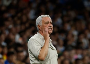 Real Madrid's head coach Jose Mourinho gestures during a Spanish La Liga soccer match between Espanyol and Real Madrid in Barcelona, Spain, Saturday, Aug. 22, 2026. (AP Photo/Joan Monfort)