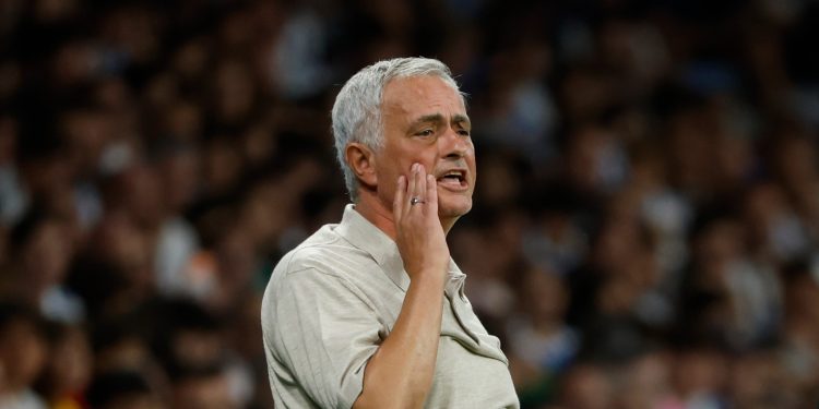 Real Madrid's head coach Jose Mourinho gestures during a Spanish La Liga soccer match between Espanyol and Real Madrid in Barcelona, Spain, Saturday, Aug. 22, 2026. (AP Photo/Joan Monfort)